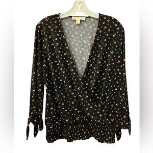 MICHAEL Michael Kors Black and Red Floral Print Wrap Smocked Waist Blouse Large